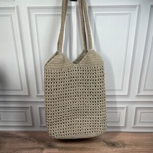 Hillard & Hanson Crochet Tote Bag Womens Beige Knit Shoulder Bag Boho